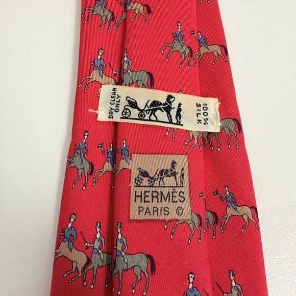 Hermes Men's Tie Equestrian Horses Red Satin Silk 7225 UA 3